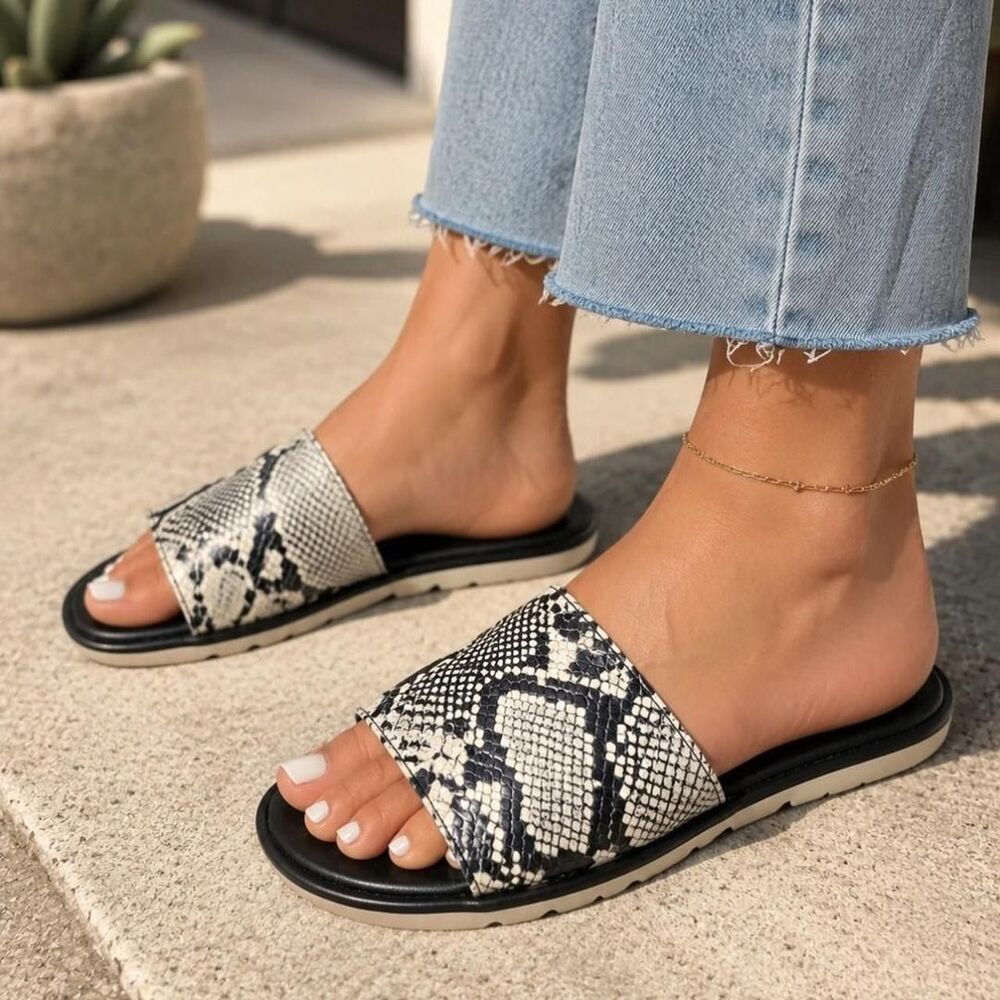 Sorel Ella II Sandals Slides Flats Black White Snake Women Sz US 7 /EU 38
